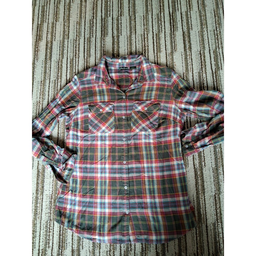 Eddie Bauer Womens Plaid Flannel Button Down Shirt Green Red Pink Size Medium